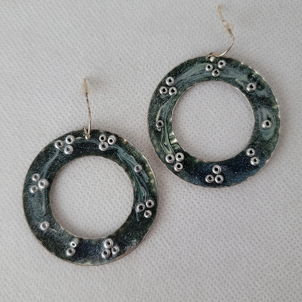 Hoop Earrings Metallic Abstract Beaded Glitter Detail Hammered Metal